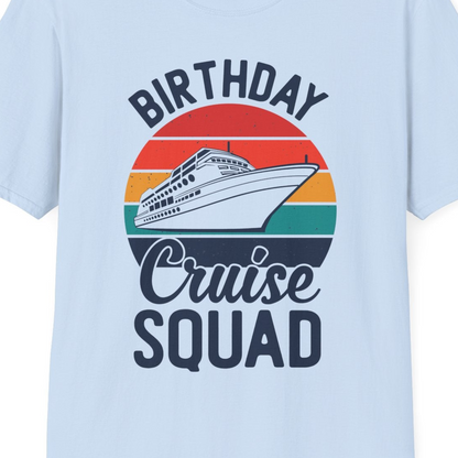 Birthday Cruise Squad Retro Sunset Distressed Cruise Ship Shirt — T-Shirt T-Shirt – Light Blue – Best Cruise Shirts Close Up