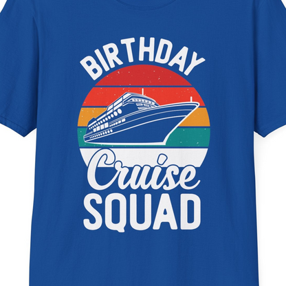 Birthday Cruise Squad Retro Sunset Distressed Cruise Ship Shirt — T-Shirt T-Shirt – Royal – Best Cruise Shirts Close Up