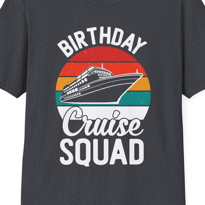 Birthday Cruise Squad Retro Sunset Distressed Cruise Ship Shirt — T-Shirt T-Shirt – Dark Heather Grey – Best Cruise Shirts Close Up