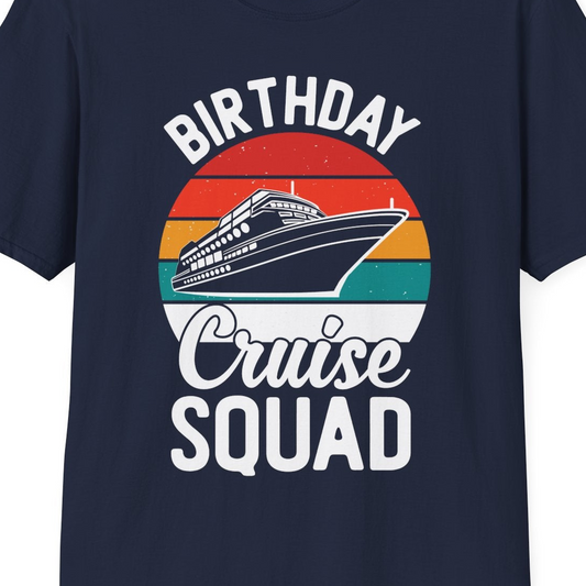 Birthday Cruise Squad Retro Sunset Distressed Cruise Ship Shirt — T-Shirt T-Shirt – Navy – Best Cruise Shirts Close Up