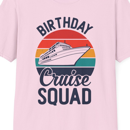 Birthday Cruise Squad Retro Sunset Distressed Cruise Ship Shirt — T-Shirt T-Shirt – Light Pink – Best Cruise Shirts Close Up