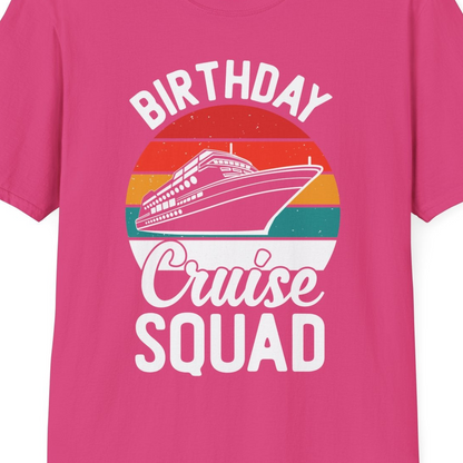 Birthday Cruise Squad Retro Sunset Distressed Cruise Ship Shirt — T-Shirt T-Shirt – Heliconia – Best Cruise Shirts Close Up