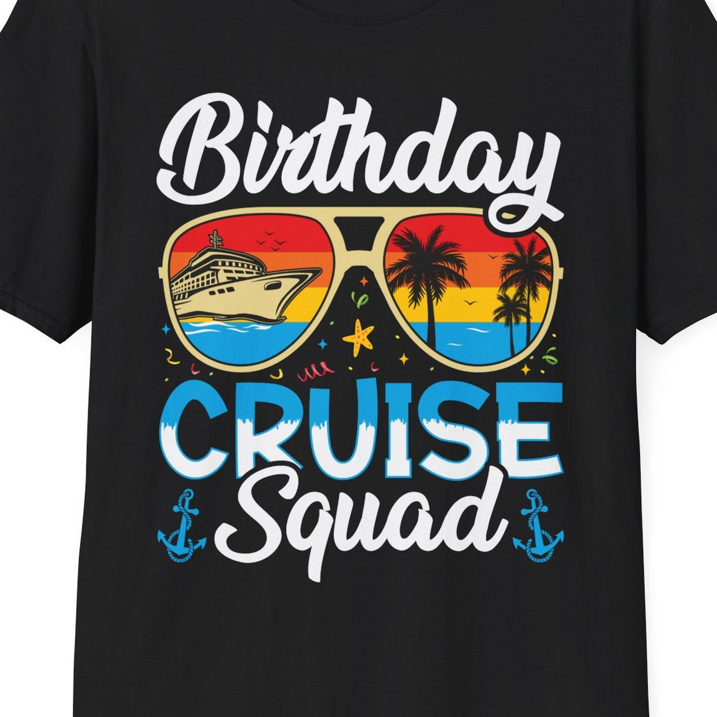Birthday Cruise Squad Retro Sunglasses Tropical Group Shirt — T-Shirt T-Shirt – Black – Best Cruise Shirts Close Up