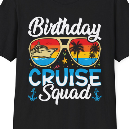 Birthday Cruise Squad Retro Sunglasses Tropical Group Shirt — T-Shirt T-Shirt – Black – Best Cruise Shirts Close Up
