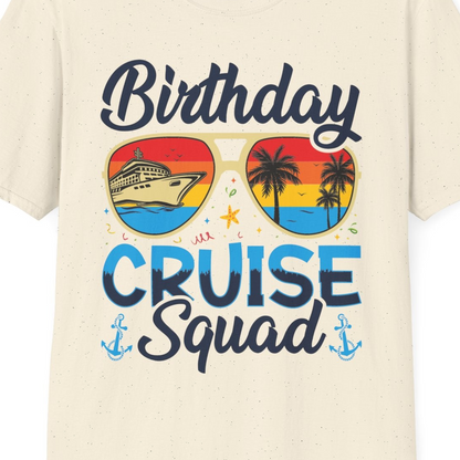 Birthday Cruise Squad Retro Sunglasses Tropical Group Shirt — T-Shirt T-Shirt – Natural – Best Cruise Shirts Close Up