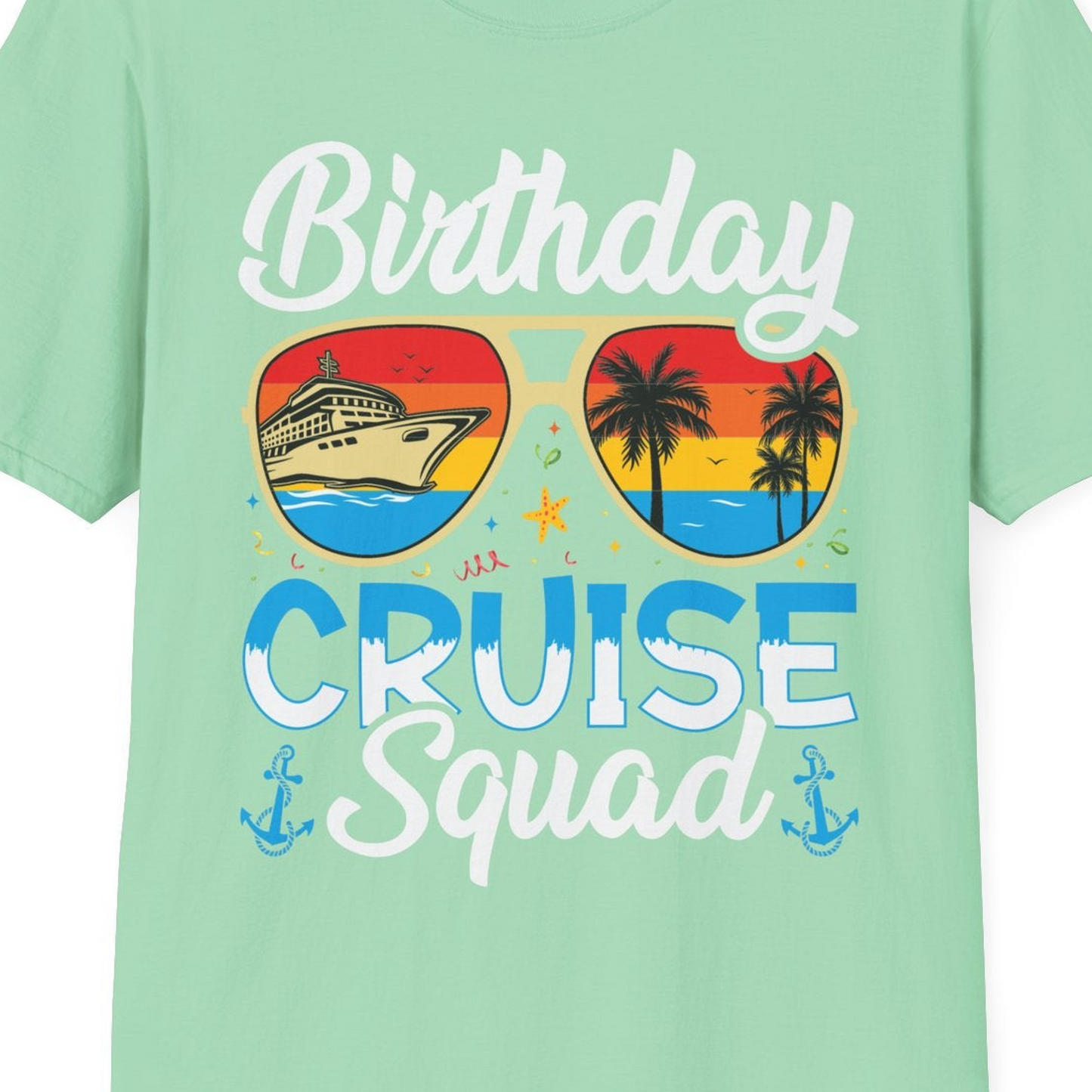 Birthday Cruise Squad Retro Sunglasses Tropical Group Shirt — T-Shirt T-Shirt – Mint Green – Best Cruise Shirts Close Up