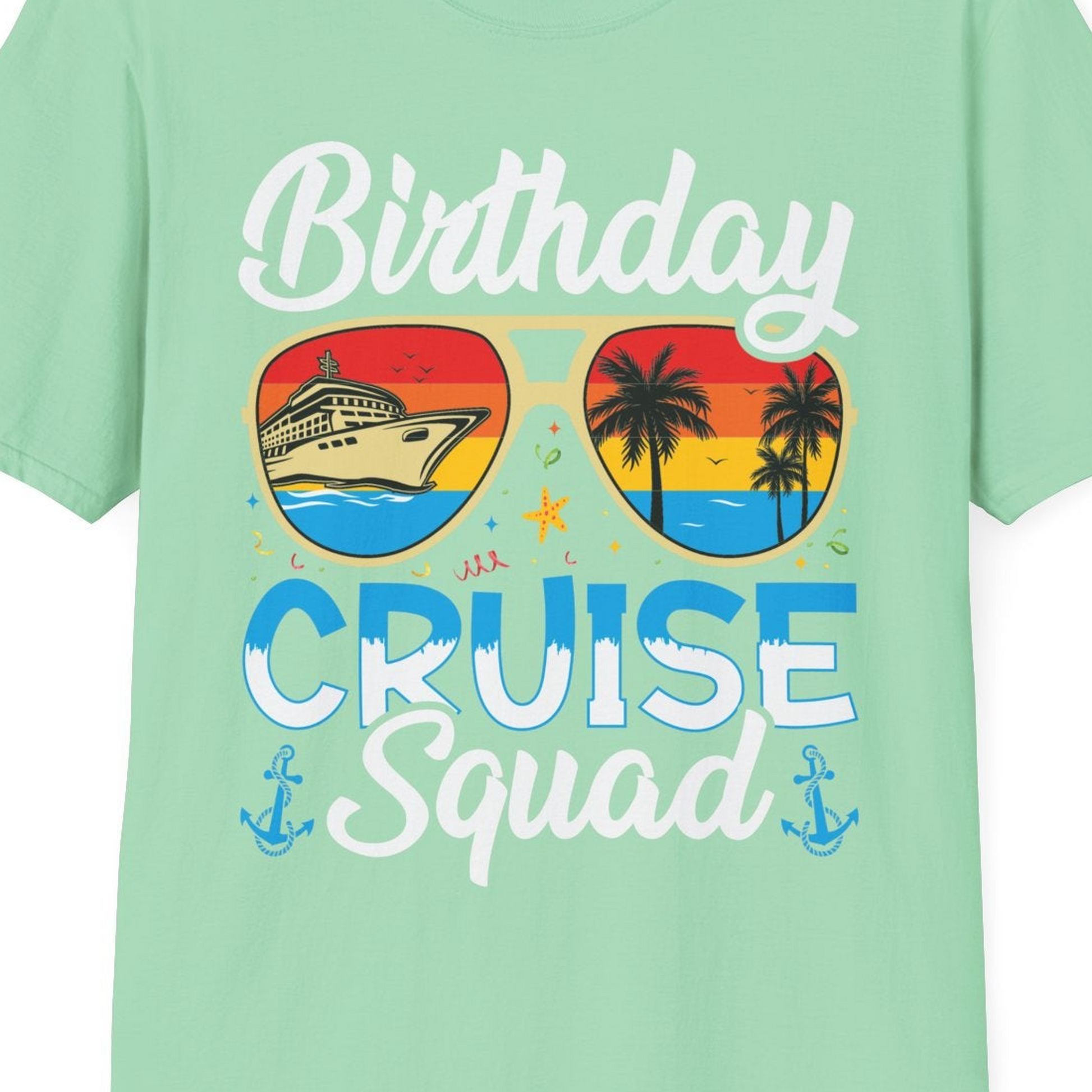 Birthday Cruise Squad Retro Sunglasses Tropical Group Shirt — T-Shirt T-Shirt – Mint Green – Best Cruise Shirts Close Up