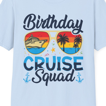 Birthday Cruise Squad Retro Sunglasses Tropical Group Shirt — T-Shirt T-Shirt – Light Blue – Best Cruise Shirts Close Up