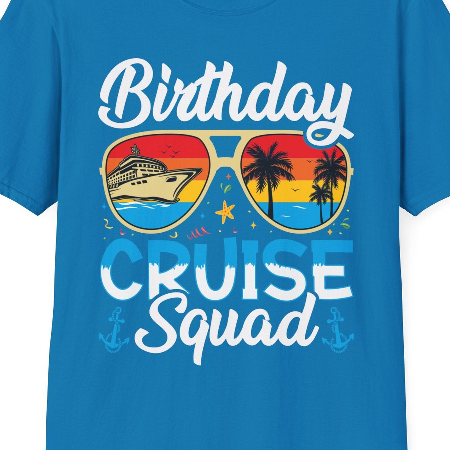 Birthday Cruise Squad Retro Sunglasses Tropical Group Shirt — T-Shirt T-Shirt – Sapphire – Best Cruise Shirts Close Up