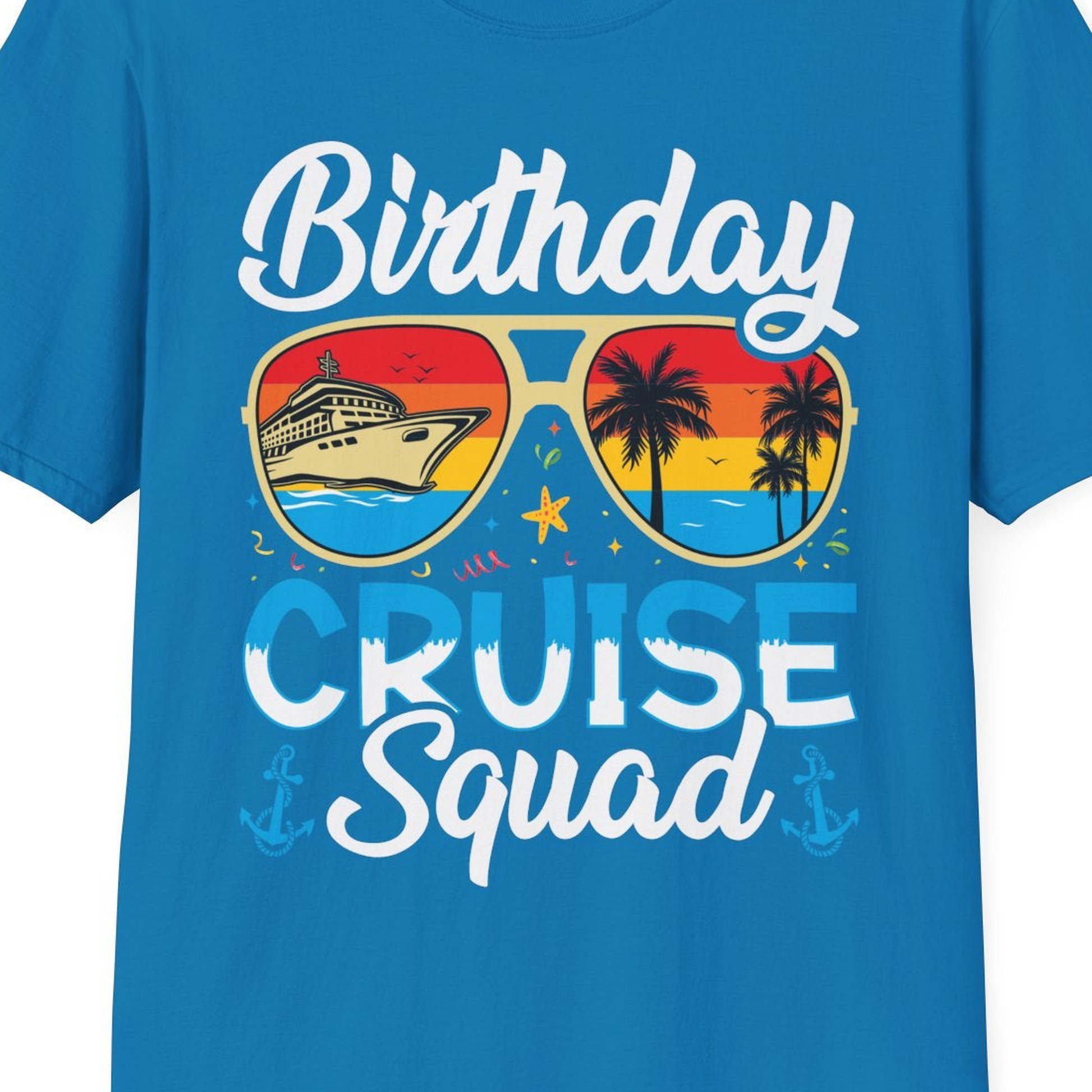 Birthday Cruise Squad Retro Sunglasses Tropical Group Shirt — T-Shirt T-Shirt – Sapphire – Best Cruise Shirts Close Up