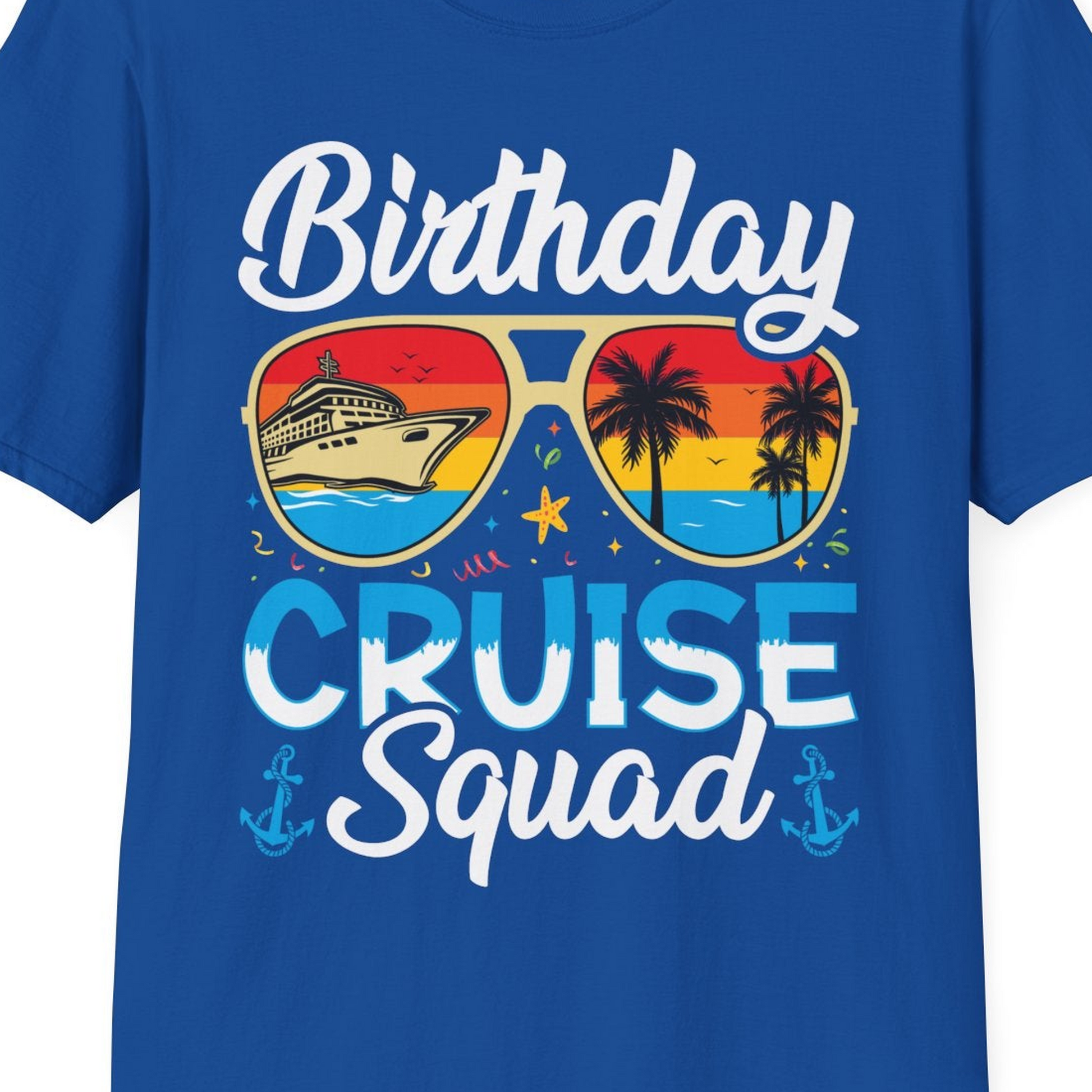 Birthday Cruise Squad Retro Sunglasses Tropical Group Shirt — T-Shirt T-Shirt – Royal – Best Cruise Shirts Close Up