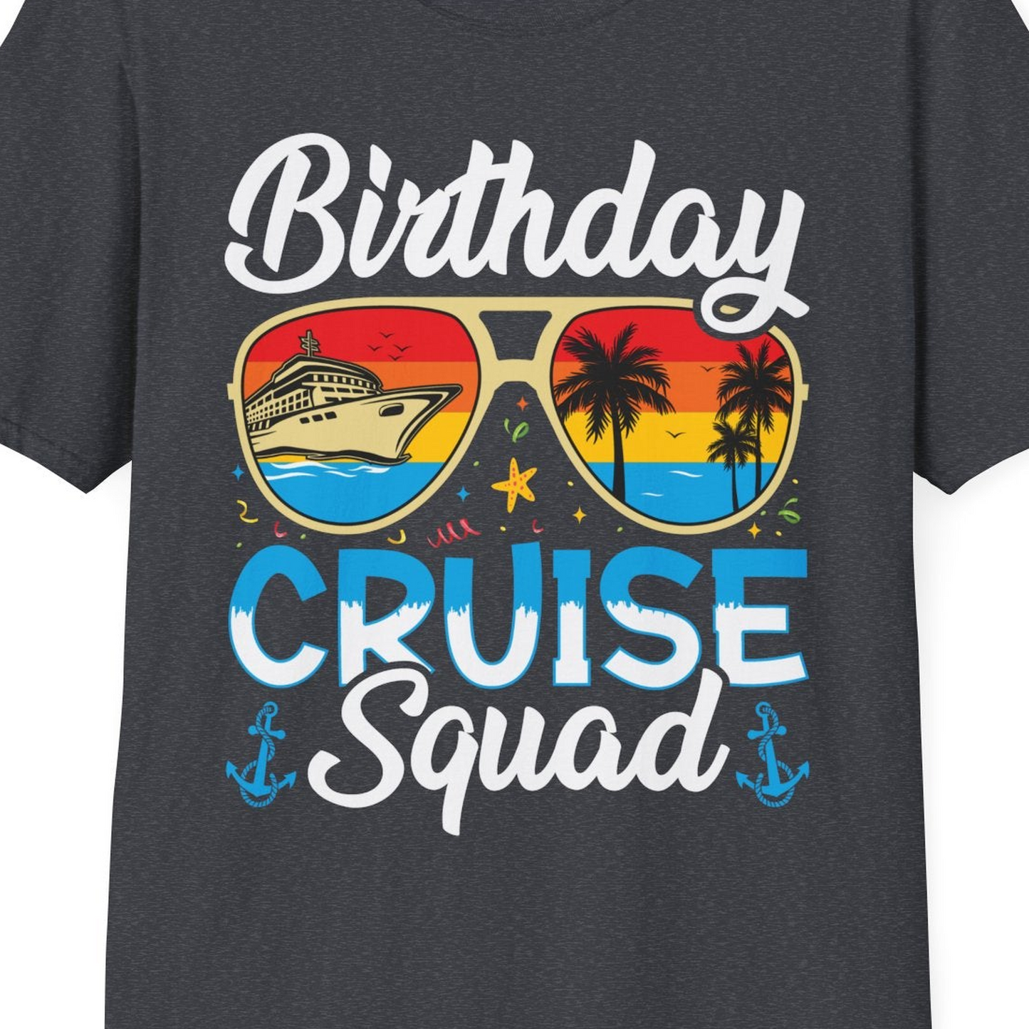 Birthday Cruise Squad Retro Sunglasses Tropical Group Shirt — T-Shirt T-Shirt – Dark Heather Grey – Best Cruise Shirts Close Up