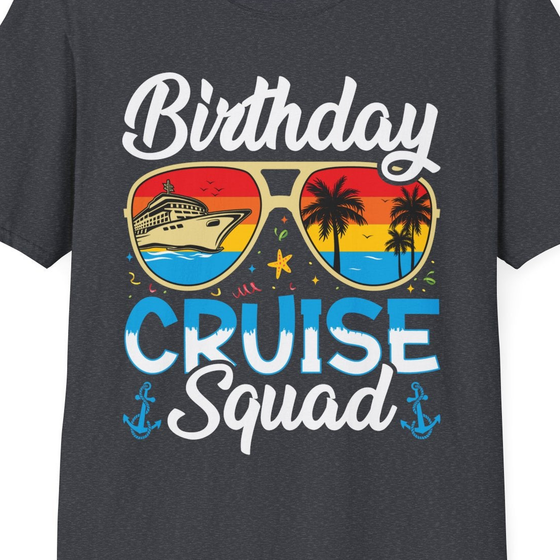 Birthday Cruise Squad Retro Sunglasses Tropical Group Shirt — T-Shirt T-Shirt – Dark Heather Grey – Best Cruise Shirts Close Up