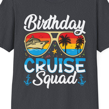 Birthday Cruise Squad Retro Sunglasses Tropical Group Shirt — T-Shirt T-Shirt – Dark Heather Grey – Best Cruise Shirts Close Up