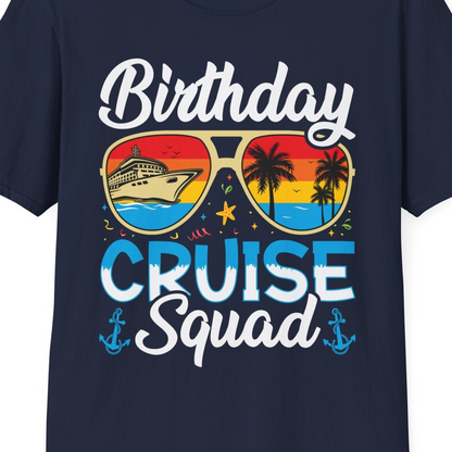 Birthday Cruise Squad Retro Sunglasses Tropical Group Shirt — T-Shirt T-Shirt – Navy – Best Cruise Shirts Close Up