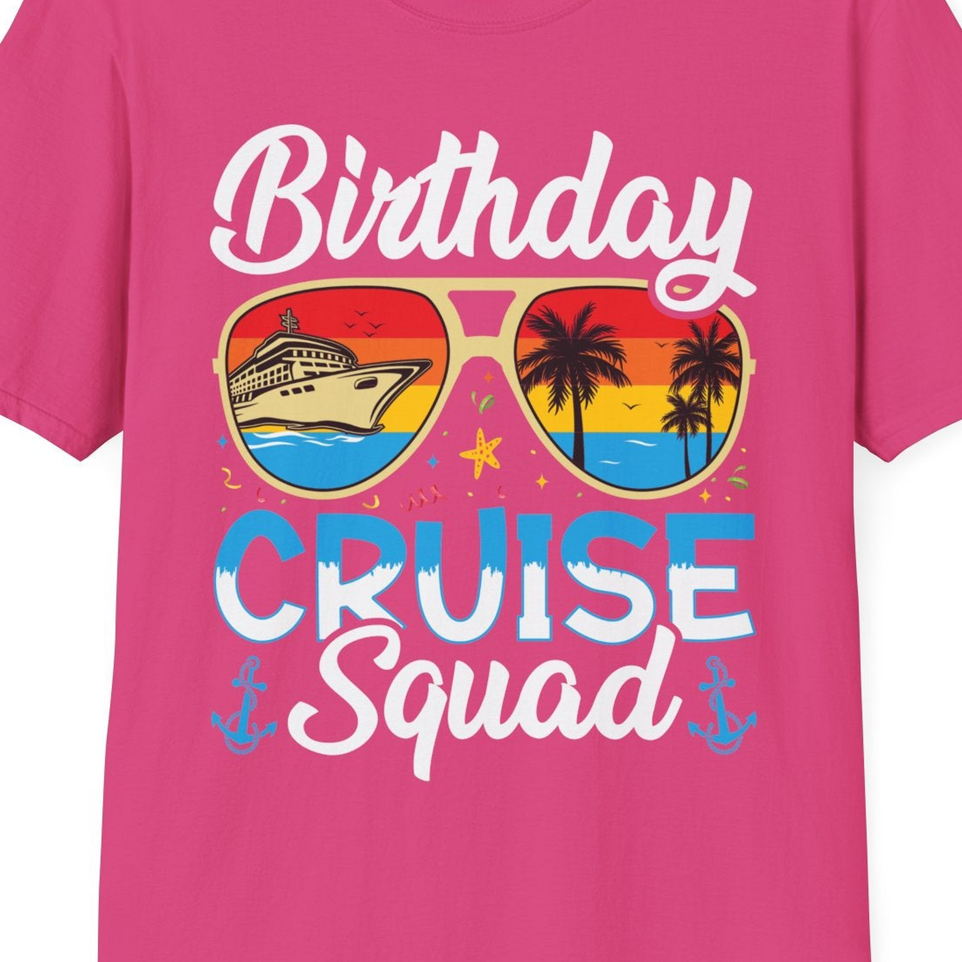 Birthday Cruise Squad Retro Sunglasses Tropical Group Shirt — T-Shirt T-Shirt – Heliconia – Best Cruise Shirts Close Up