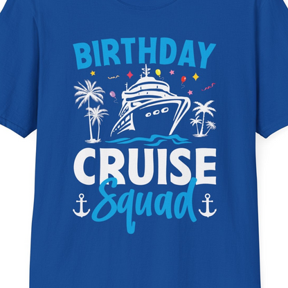 Birthday Cruise Squad Shirt with Ship Palm Trees Balloons Nautical Icons — T-Shirt T-Shirt – Royal – Best Cruise Shirts Close Up