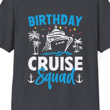 Birthday Cruise Squad Shirt with Ship Palm Trees Balloons Nautical Icons — T-Shirt T-Shirt – Dark Heather Grey – Best Cruise Shirts Close Up