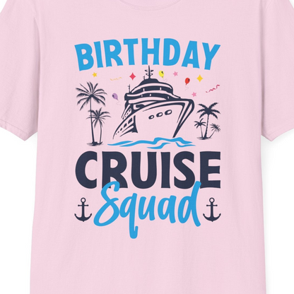 Birthday Cruise Squad Shirt with Ship Palm Trees Balloons Nautical Icons — T-Shirt T-Shirt – Light Pink – Best Cruise Shirts Close Up