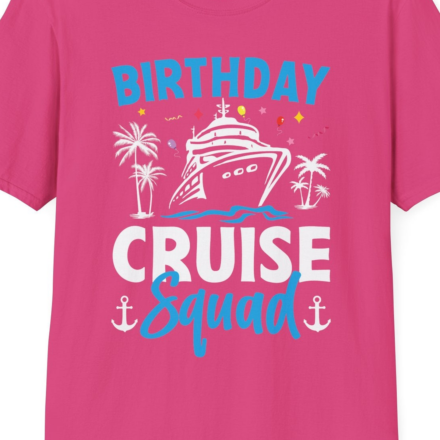 Birthday Cruise Squad Shirt with Ship Palm Trees Balloons Nautical Icons — T-Shirt T-Shirt – Heliconia – Best Cruise Shirts Close Up
