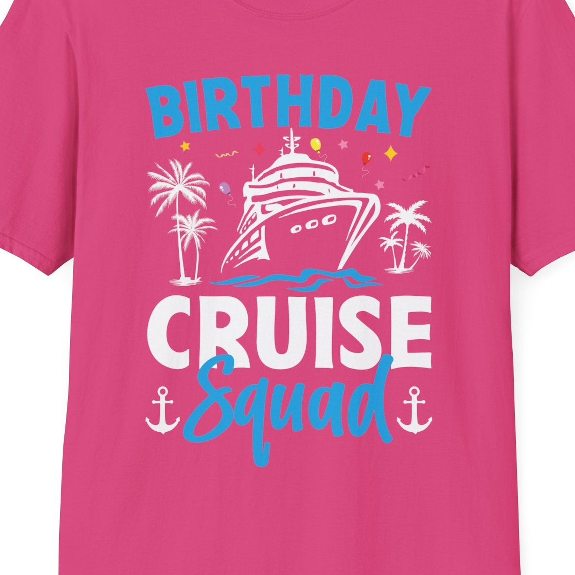 Birthday Cruise Squad Shirt with Ship Palm Trees Balloons Nautical Icons — T-Shirt T-Shirt – Heliconia – Best Cruise Shirts Close Up