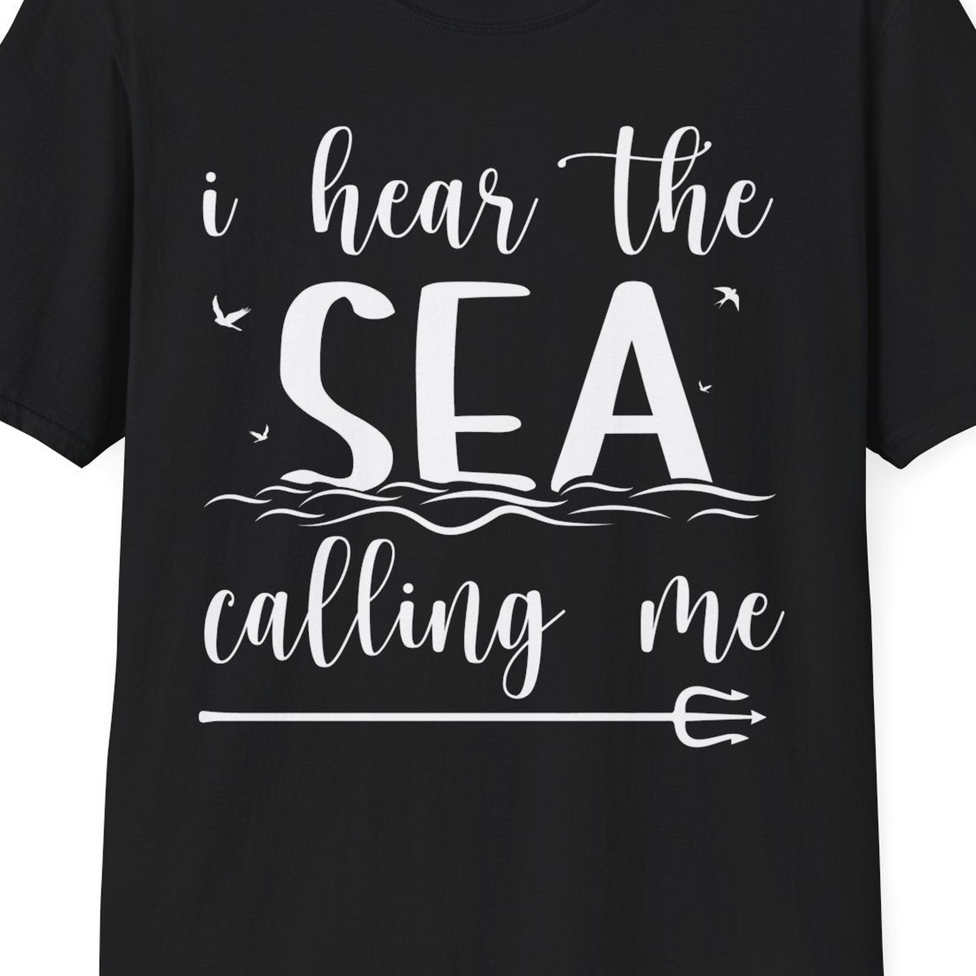 Sea Calling Nautical Beach Quote Shirt With Waves And Birds Art — T-Shirt T-Shirt – Black – Best Cruise Shirts Close Up
