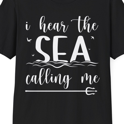 Sea Calling Nautical Beach Quote Shirt With Waves And Birds Art — T-Shirt T-Shirt – Black – Best Cruise Shirts Close Up