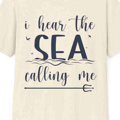 Sea Calling Nautical Beach Quote Shirt With Waves And Birds Art — T-Shirt T-Shirt – Natural – Best Cruise Shirts Close Up