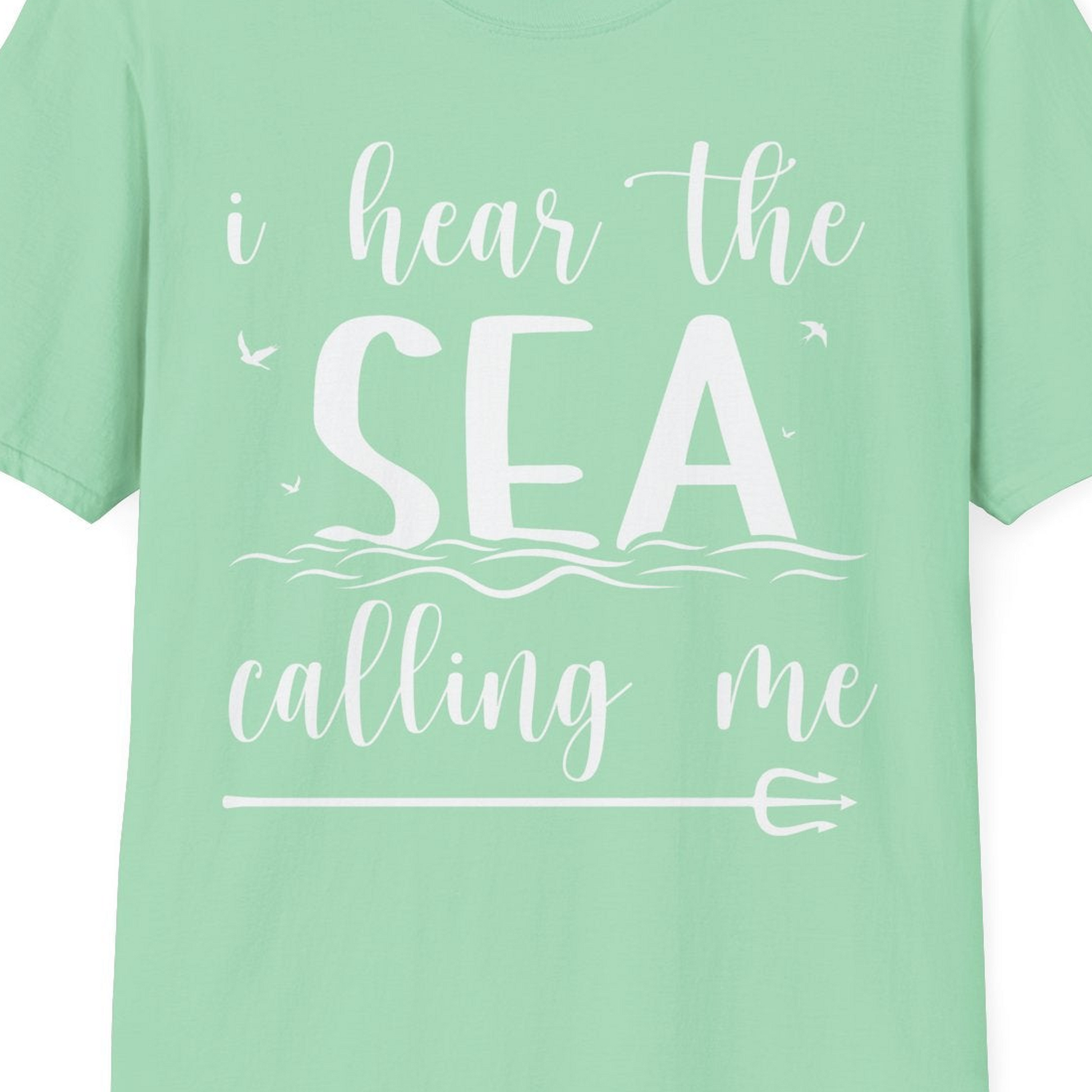 Sea Calling Nautical Beach Quote Shirt With Waves And Birds Art — T-Shirt T-Shirt – Mint Green – Best Cruise Shirts Close Up