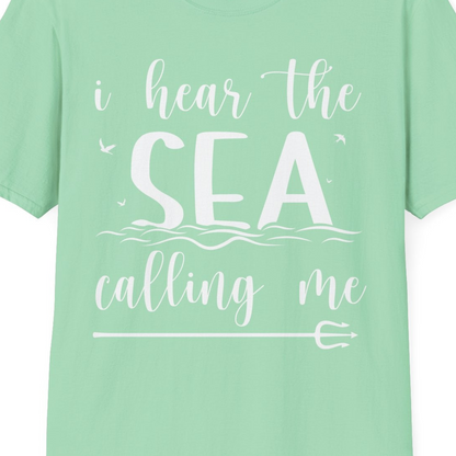 Sea Calling Nautical Beach Quote Shirt With Waves And Birds Art — T-Shirt T-Shirt – Mint Green – Best Cruise Shirts Close Up