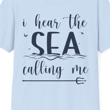 Sea Calling Nautical Beach Quote Shirt With Waves And Birds Art — T-Shirt T-Shirt – Light Blue – Best Cruise Shirts Close Up