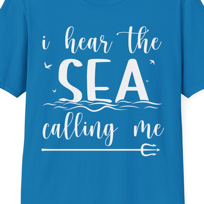 Sea Calling Nautical Beach Quote Shirt With Waves And Birds Art — T-Shirt T-Shirt – Sapphire – Best Cruise Shirts Close Up