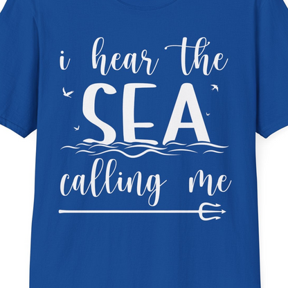 Sea Calling Nautical Beach Quote Shirt With Waves And Birds Art — T-Shirt T-Shirt – Royal – Best Cruise Shirts Close Up
