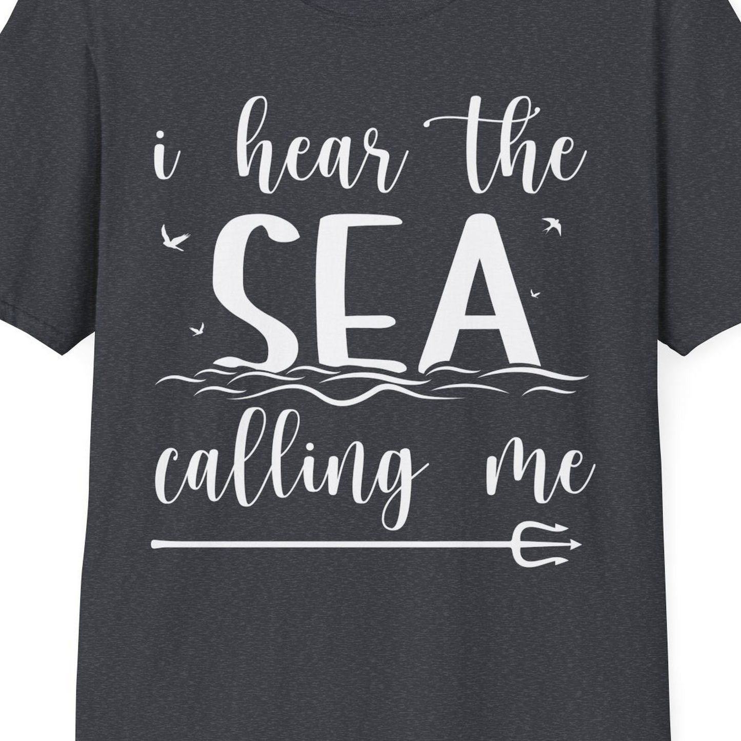 Sea Calling Nautical Beach Quote Shirt With Waves And Birds Art — T-Shirt T-Shirt – Dark Heather Grey – Best Cruise Shirts Close Up