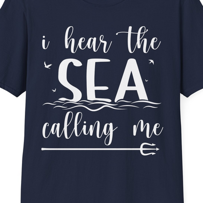 Sea Calling Nautical Beach Quote Shirt With Waves And Birds Art — T-Shirt T-Shirt – Navy – Best Cruise Shirts Close Up