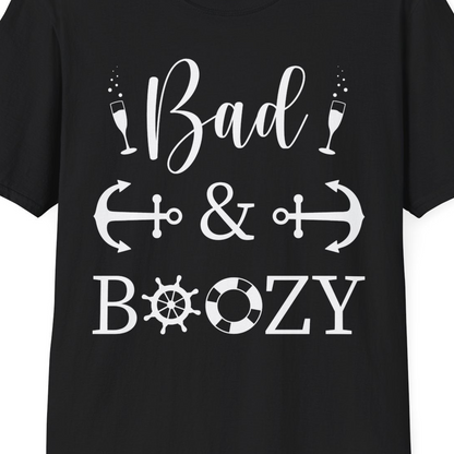 Bad and Boozy Nautical Cruise Shirt with Anchors and Ship Wheel — T-Shirt T-Shirt – Black – Best Cruise Shirts Close Up