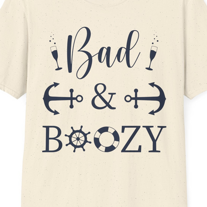Bad and Boozy Nautical Cruise Shirt with Anchors and Ship Wheel — T-Shirt T-Shirt – Natural – Best Cruise Shirts Close Up
