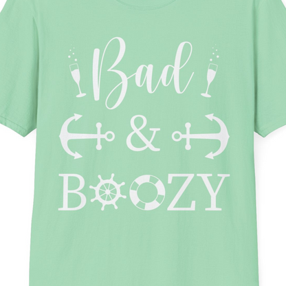Bad and Boozy Nautical Cruise Shirt with Anchors and Ship Wheel — T-Shirt T-Shirt – Mint Green – Best Cruise Shirts Close Up