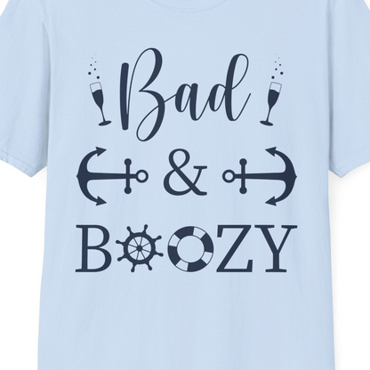 Bad and Boozy Nautical Cruise Shirt with Anchors and Ship Wheel — T-Shirt T-Shirt – Light Blue – Best Cruise Shirts Close Up