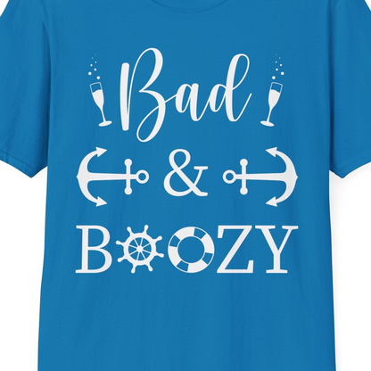 Bad and Boozy Nautical Cruise Shirt with Anchors and Ship Wheel — T-Shirt T-Shirt – Sapphire – Best Cruise Shirts Close Up