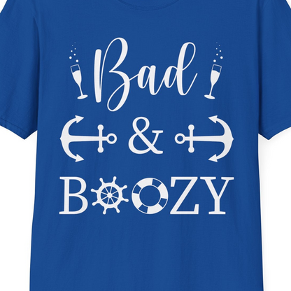 Bad and Boozy Nautical Cruise Shirt with Anchors and Ship Wheel — T-Shirt T-Shirt – Royal – Best Cruise Shirts Close Up