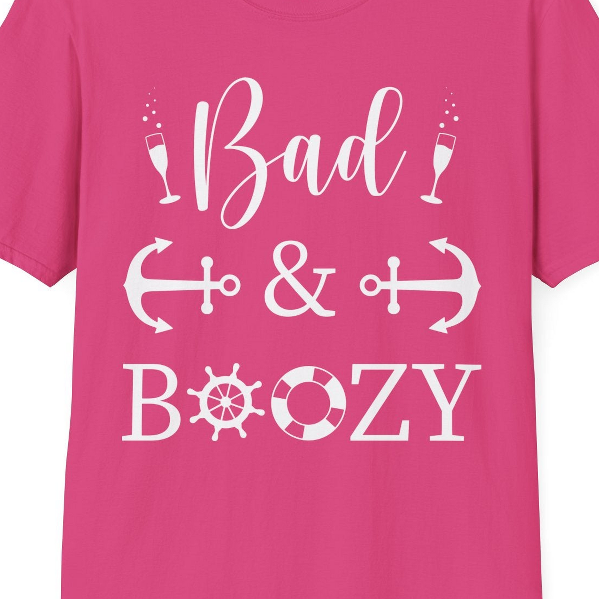 Bad and Boozy Nautical Cruise Shirt with Anchors and Ship Wheel — T-Shirt T-Shirt – Heliconia – Best Cruise Shirts Close Up