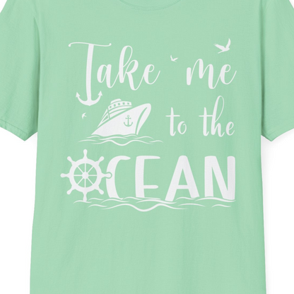 Take Me to the Ocean Nautical Cruise Ship Anchor Wheel Shirt — T-Shirt T-Shirt – Mint Green – Best Cruise Shirts Close Up