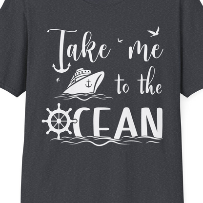 Take Me to the Ocean Nautical Cruise Ship Anchor Wheel Shirt — T-Shirt T-Shirt – Dark Heather Grey – Best Cruise Shirts Close Up