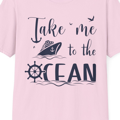Take Me to the Ocean Nautical Cruise Ship Anchor Wheel Shirt — T-Shirt T-Shirt – Light Pink – Best Cruise Shirts Close Up