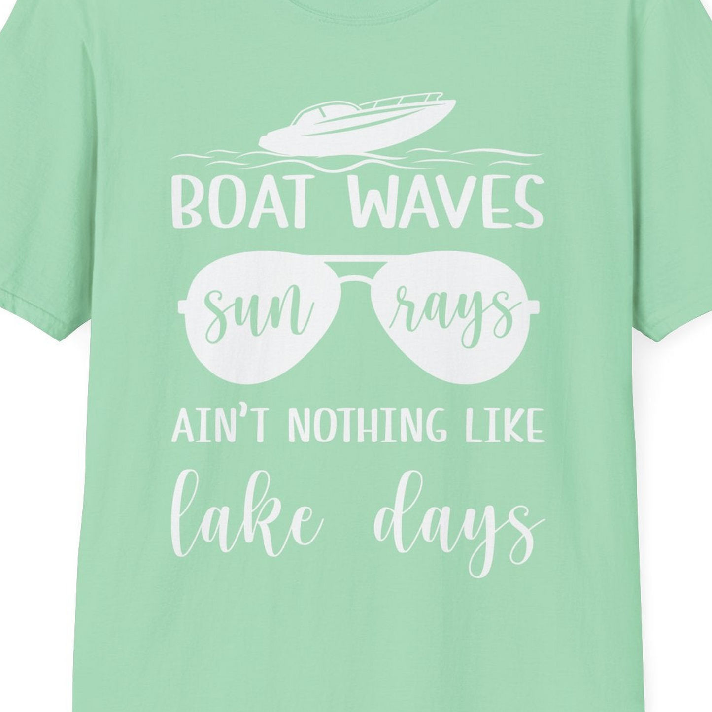 Boat Waves Sun Rays Lake Days Summer Lake Life Shirt — T-Shirt T-Shirt – Mint Green – Best Cruise Shirts Close Up