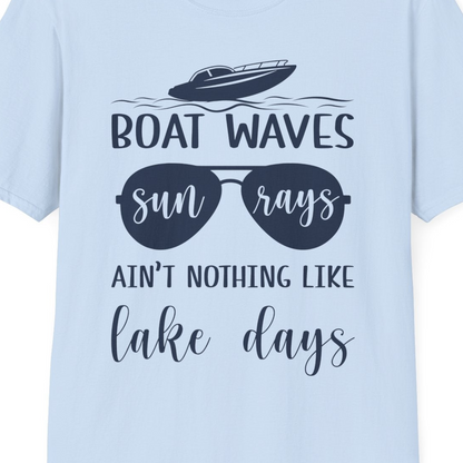 Boat Waves Sun Rays Lake Days Summer Lake Life Shirt — T-Shirt T-Shirt – Light Blue – Best Cruise Shirts Close Up