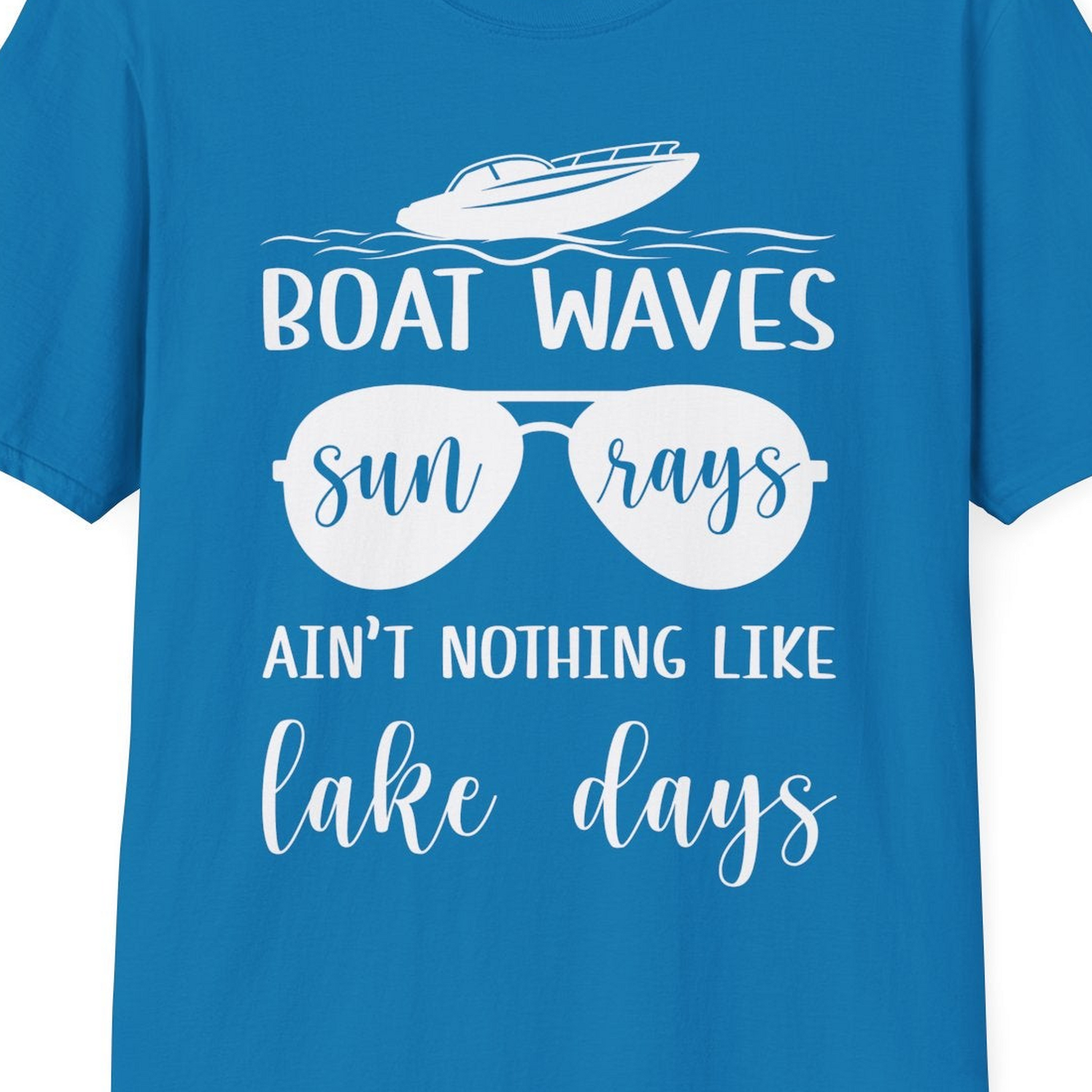 Boat Waves Sun Rays Lake Days Summer Lake Life Shirt — T-Shirt T-Shirt – Sapphire – Best Cruise Shirts Close Up