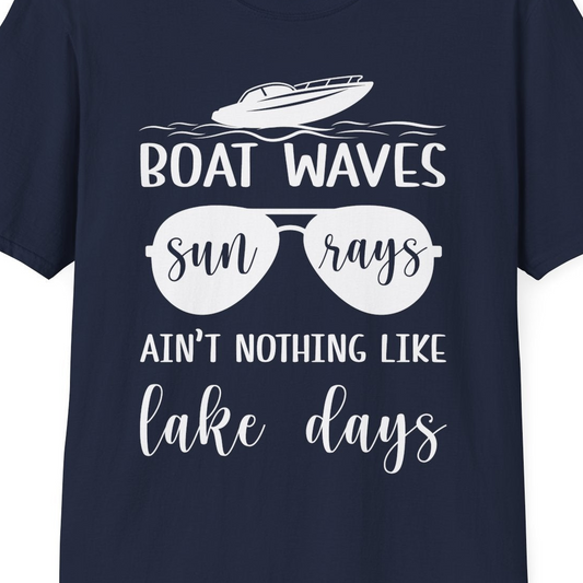 Boat Waves Sun Rays Lake Days Summer Lake Life Shirt — T-Shirt T-Shirt – Navy – Best Cruise Shirts Close Up