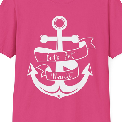 Lets Get Nauti Nautical Anchor Shirt T-Shirt – Heliconia – Best Cruise Shirts Close Up